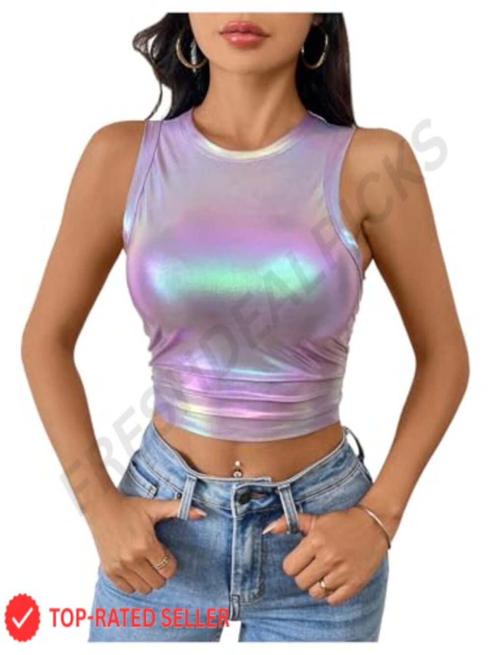 Metallic Glitter Crew Neck Ruched Sleeveless Crop Tank Top